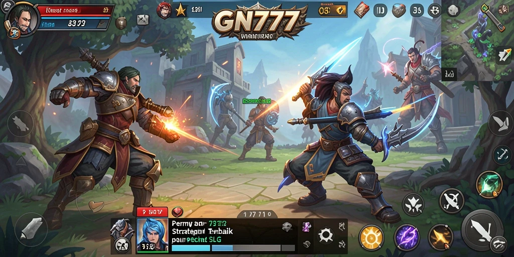 Screenshot gameplay GN777 menampilkan aksi pertempuran SLG yang intens.