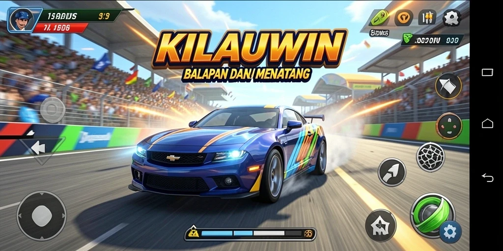 Tampak aksi balapan seru di KILAUWIN dengan mobil yang melaju kencang.