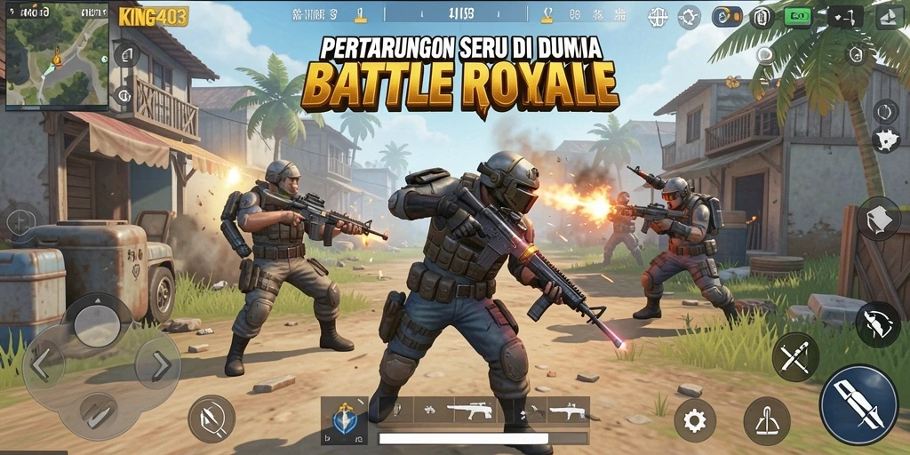 Screenshot KING403 menampilkan aksi seru pertarungan Battle Royale.