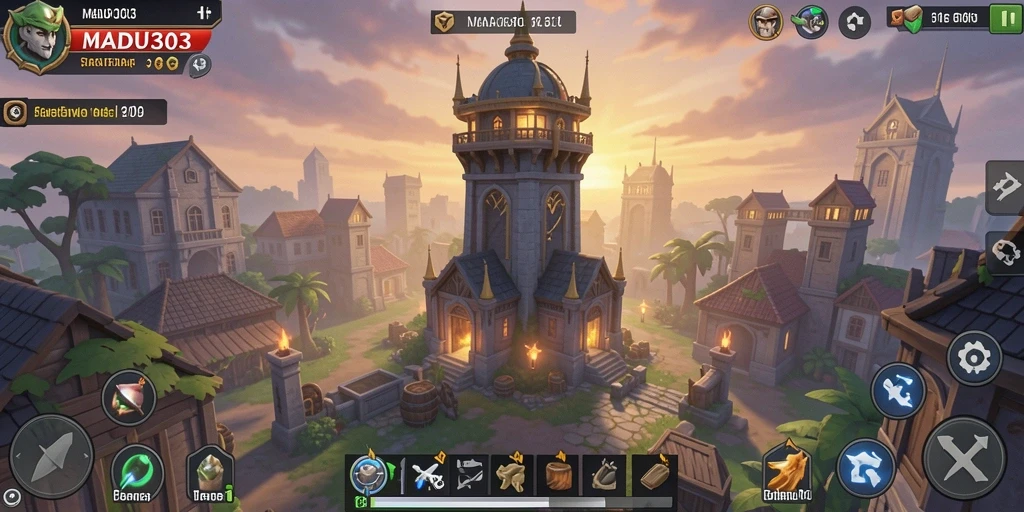 Gameplay seru MADU303 dengan menara yang strategis.