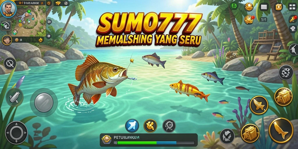 Screenshot utama SUMO777 menampilkan pemain yang sedang memancing di lokasi eksotis.