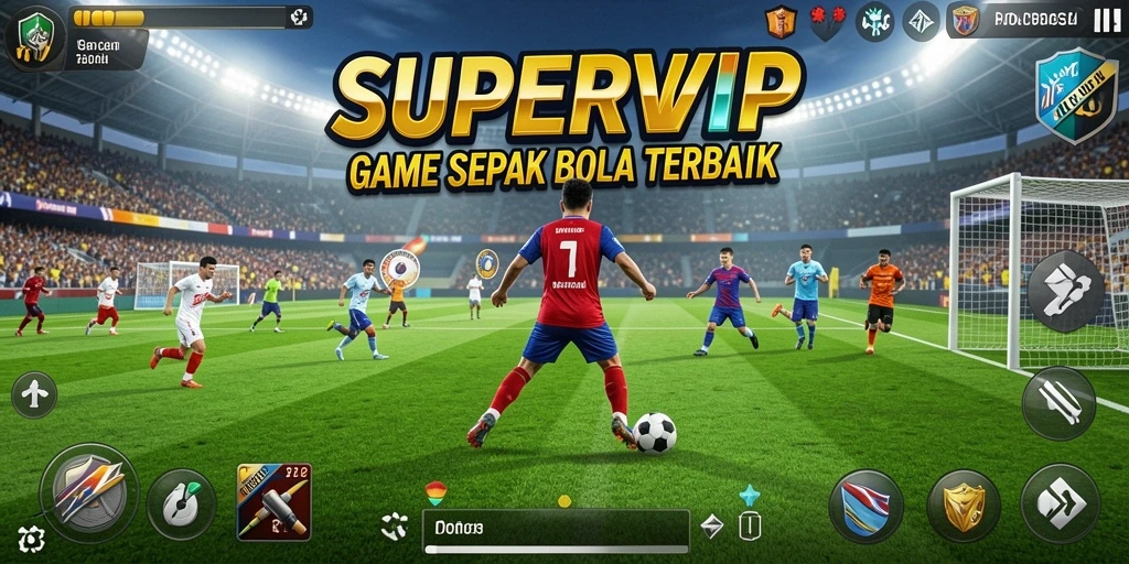 Gambar menampilkan momen seru dalam pertandingan sepak bola di SUPERVIP.